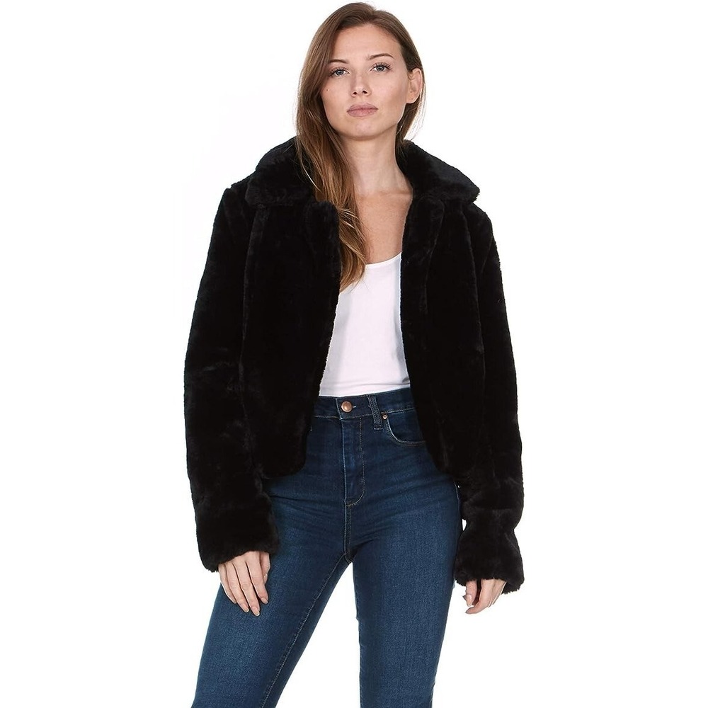Women's Black‎ Faux Fur Cropped Open Jacket Coat - Medium